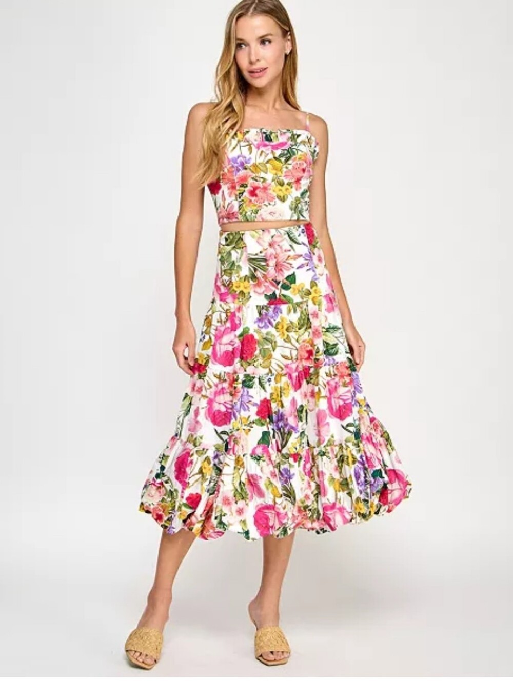Katia Rae Floral Tiered Maxi Skirt M Botanical Pink Cottagecore $159
